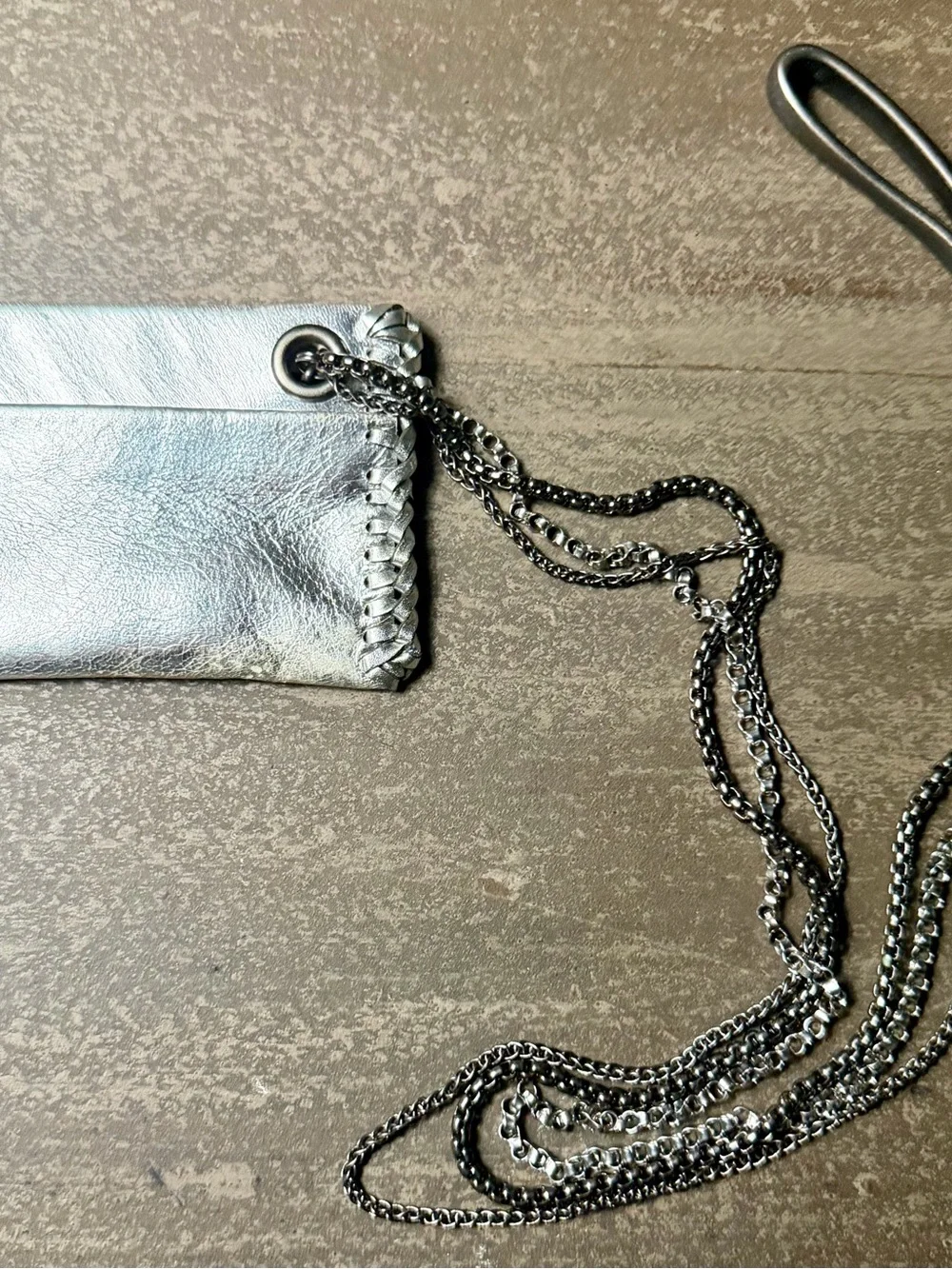Elliott James Silver Metallic Leather Triple Chain Biker Card Case Wallet
